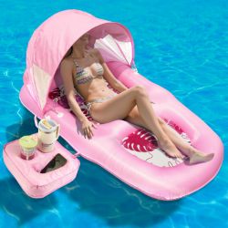 Picture of Inflatable Fabric Covered Pool Lounger Float Adult, 70"x39" Extra Large Pool Float w/ UPF50+ Sunshade Canopy & Cupholder Caddy, Water Floaties Raft Recliner Chair for Pool Party Lake Beach-Pink