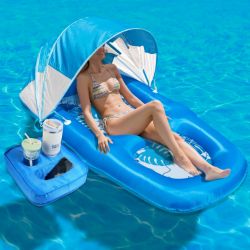 Picture of Inflatable Fabric Covered Pool Lounger Float Adult, 70"x39" Extra Large Pool Float w/ UPF50+ Sunshade Canopy & Cupholder Caddy, Water Floaties Raft Recliner Chair for Pool Party Lake Beach-Blue