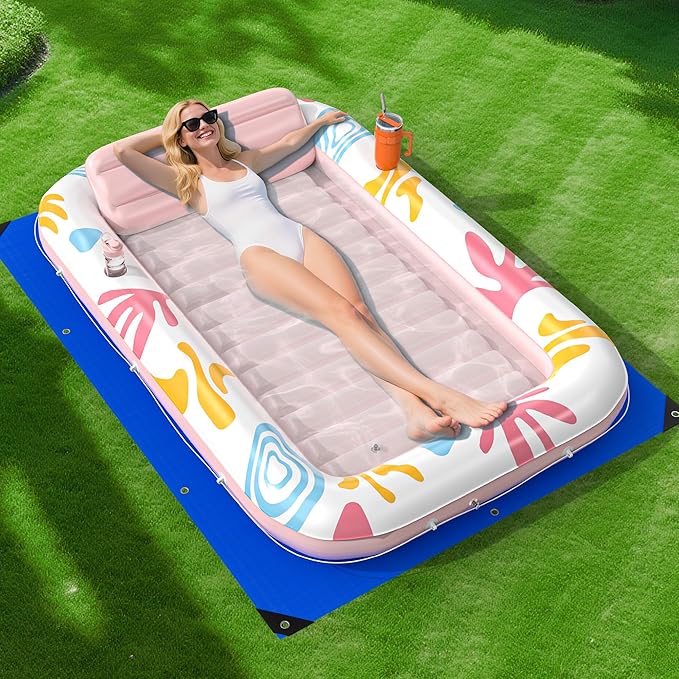 Picture of Inflatable Tanning Pool Lounger Float with Protection Tarp,70" x 46" Pool Floats Adult w/Pillow,6 in 1 Suntan Tub Floatie,Sunbathing Water Bed Lounge Blow Up Kids Ball Pit Party Gifts-Pink Champagne