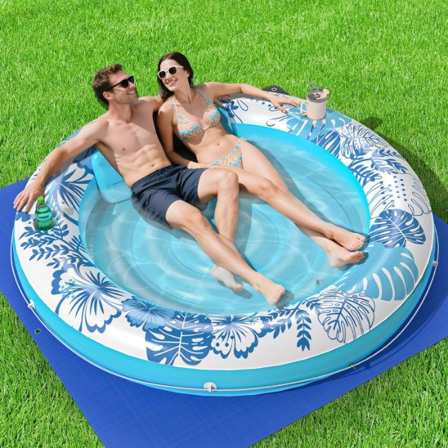 Picture of Inflatable Tanning Pool Lounger Float with Protection Tarp, 75" x 75" Pool Floats Adult with Pillow, 6 in 1 Suntan Tub Raft Floatie, Sunbathing Water Lounge Blow Up Pool Kids Ball Pit Party Gifts-Blue