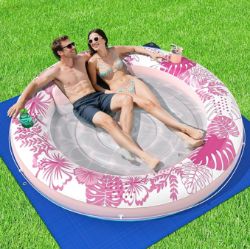 Picture of Inflatable Tanning Pool Lounger Float with Protection Tarp, 75" x 75" Pool Floats Adult with Pillow, 6 in 1 Suntan Tub Raft Floatie, Sunbathing Water Lounge Blow Up Pool Kids Ball Pit Party Gifts-Pink