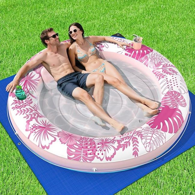 Picture of Inflatable Tanning Pool Lounger Float with Protection Tarp, 75" x 75" Pool Floats Adult with Pillow, 6 in 1 Suntan Tub Raft Floatie, Sunbathing Water Lounge Blow Up Pool Kids Ball Pit Party Gifts-Pink