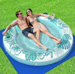 Picture of Inflatable Tanning Pool Lounger Float with Protection Tarp, 75" x 75" Pool Floats Adult with Pillow, 6 in 1 Suntan Tub Raft Floatie, Sunbathing Water Lounge Blow Up Pool Kids Ball Pit Party Gifts-Cyan