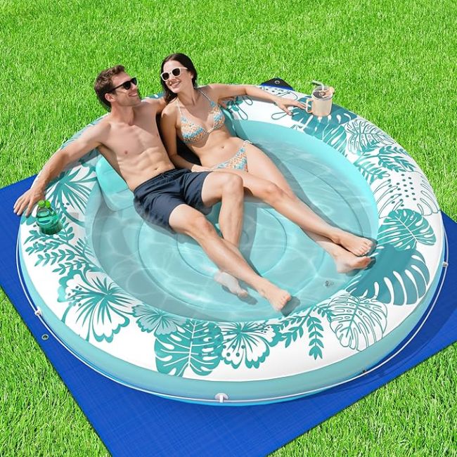 Picture of Inflatable Tanning Pool Lounger Float with Protection Tarp, 75" x 75" Pool Floats Adult with Pillow, 6 in 1 Suntan Tub Raft Floatie, Sunbathing Water Lounge Blow Up Pool Kids Ball Pit Party Gifts-Cyan