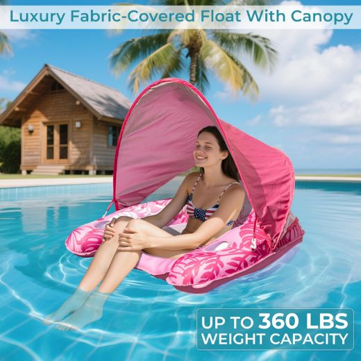 Picture of POOLACC Inflatable Fabric Covered Pool Float Adult with UPF50+ Sunshade Canopy & Cup Holders, XL Water Lounger Float Recliner Chair for Pool Party Lake Beach