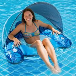 Picture of POOLACC Inflatable Fabric Covered Pool Float Adult with UPF50+ Sunshade Canopy & Cup Holders,Large Water Lounger Float Recliner Chair for Pool Party Lake Beach - Blue
