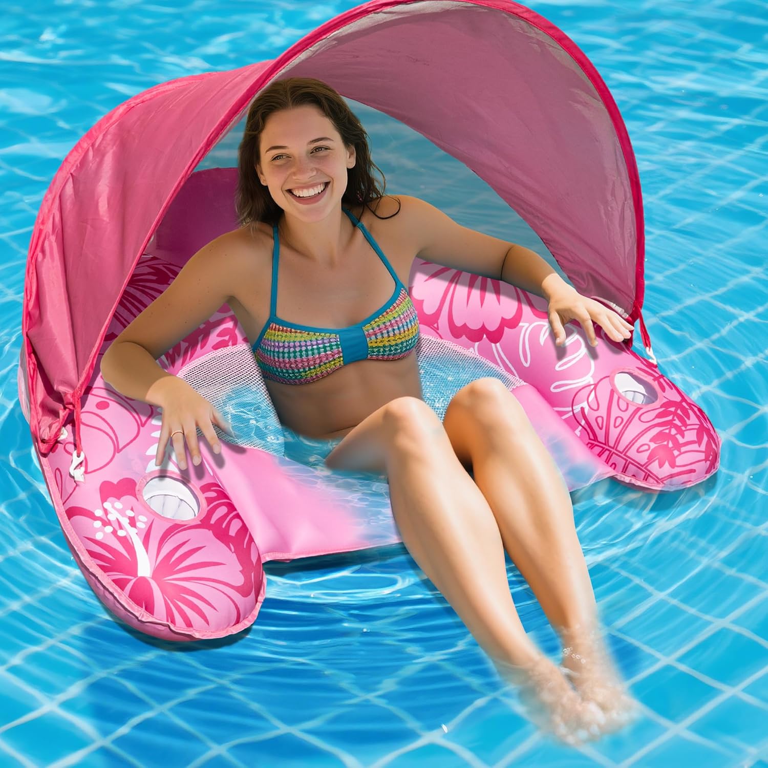 Picture of POOLACC Inflatable Fabric Covered Pool Float Adult with UPF50+ Sunshade Canopy & Cup Holders,Large Water Lounger Float Recliner Chair for Pool Party Lake Beach - PINK
